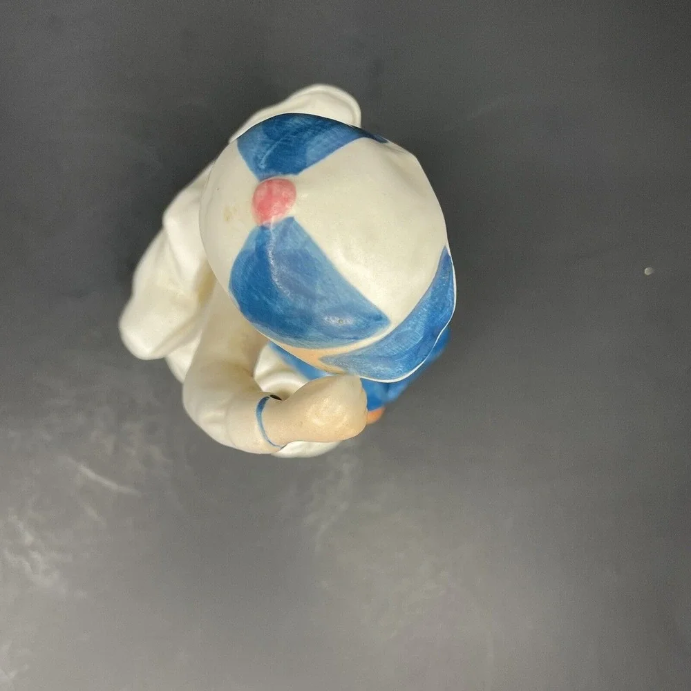 Vintage Boy Wearing Cap Saluting & Sitting Cross‎ Legged Bud Vase White & Blue